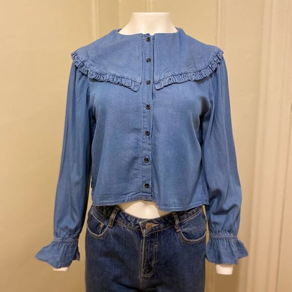 ZARA DENIM CHAMBRAY COLLARED BLOUSE TOP - Picture 4 of 10